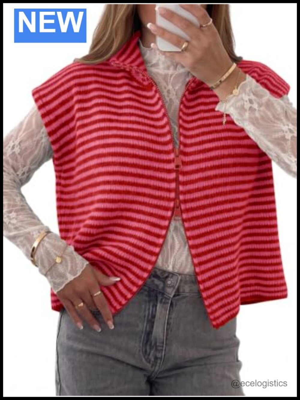Women Striped Knit Cardigan Sweater Vest Zip Up Mock Neck Sleeveless Office Wear